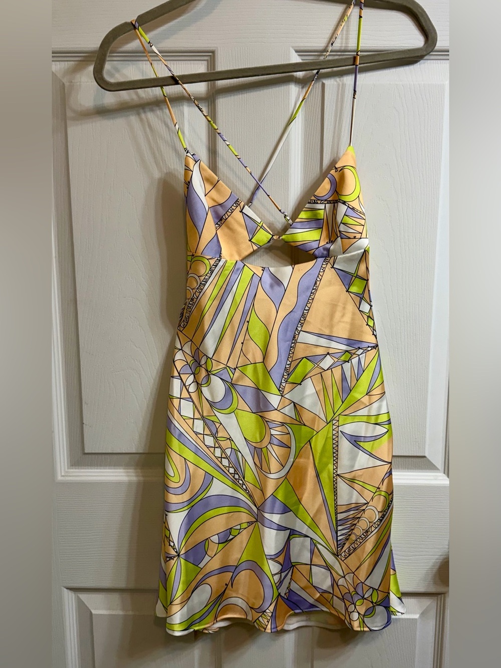 90s style Zara Spaghetti-Strap Mini Dress in Lavender, Coral & Green